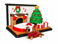 3D-gedruckte Weihnachts-Spielwelt mit Dackelfigur, Weihnachtskamin, Weihnachtsbaum und zwei Geschenken