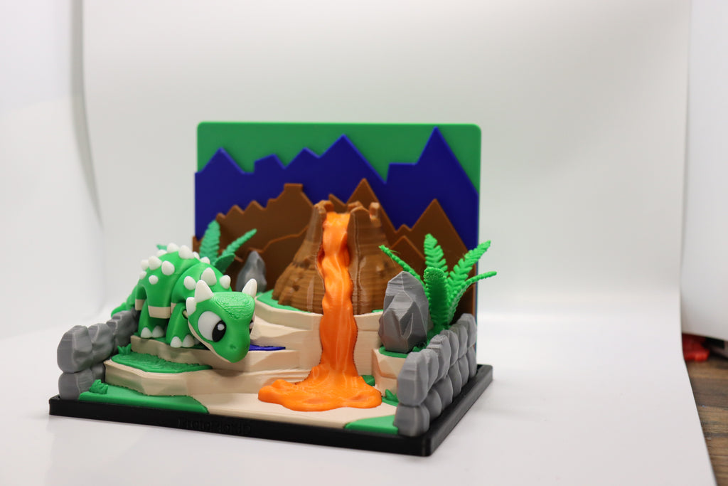 Dinosaurier Spielset mit Vulkan – 3D Druck Dino Spielwelt – Dino Figur wählbar – Swiss Made
