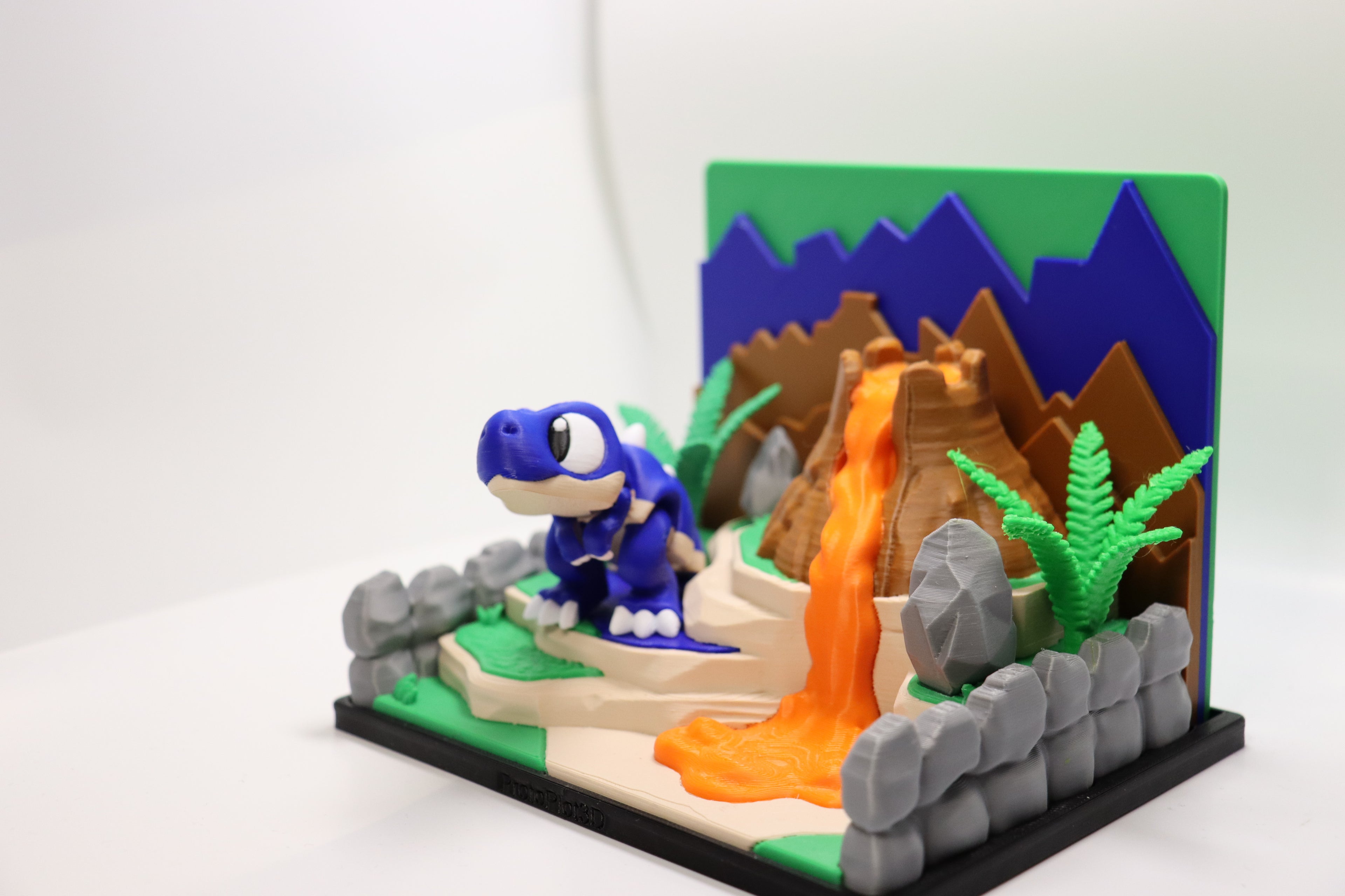 Dinosaurier Spielset mit Vulkan – 3D Druck Dino Spielwelt – Dino Figur wählbar – Swiss Made