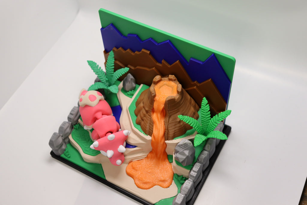 Dinosaurier Spielset mit Vulkan – 3D Druck Dino Spielwelt – Dino Figur wählbar – Swiss Made