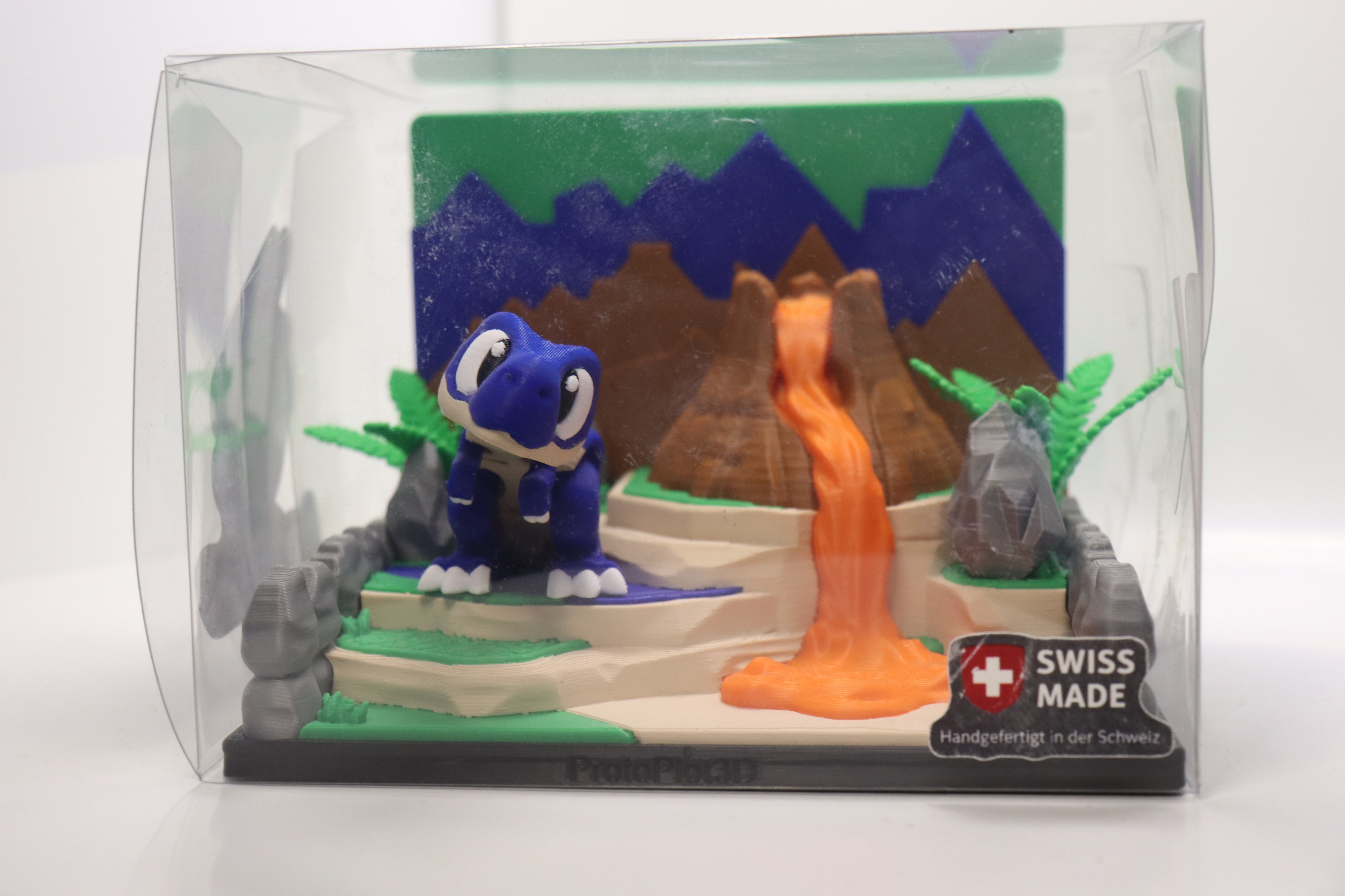 Dinosaurier Spielset mit Vulkan – 3D Druck Dino Spielwelt – Dino Figur wählbar – Swiss Made