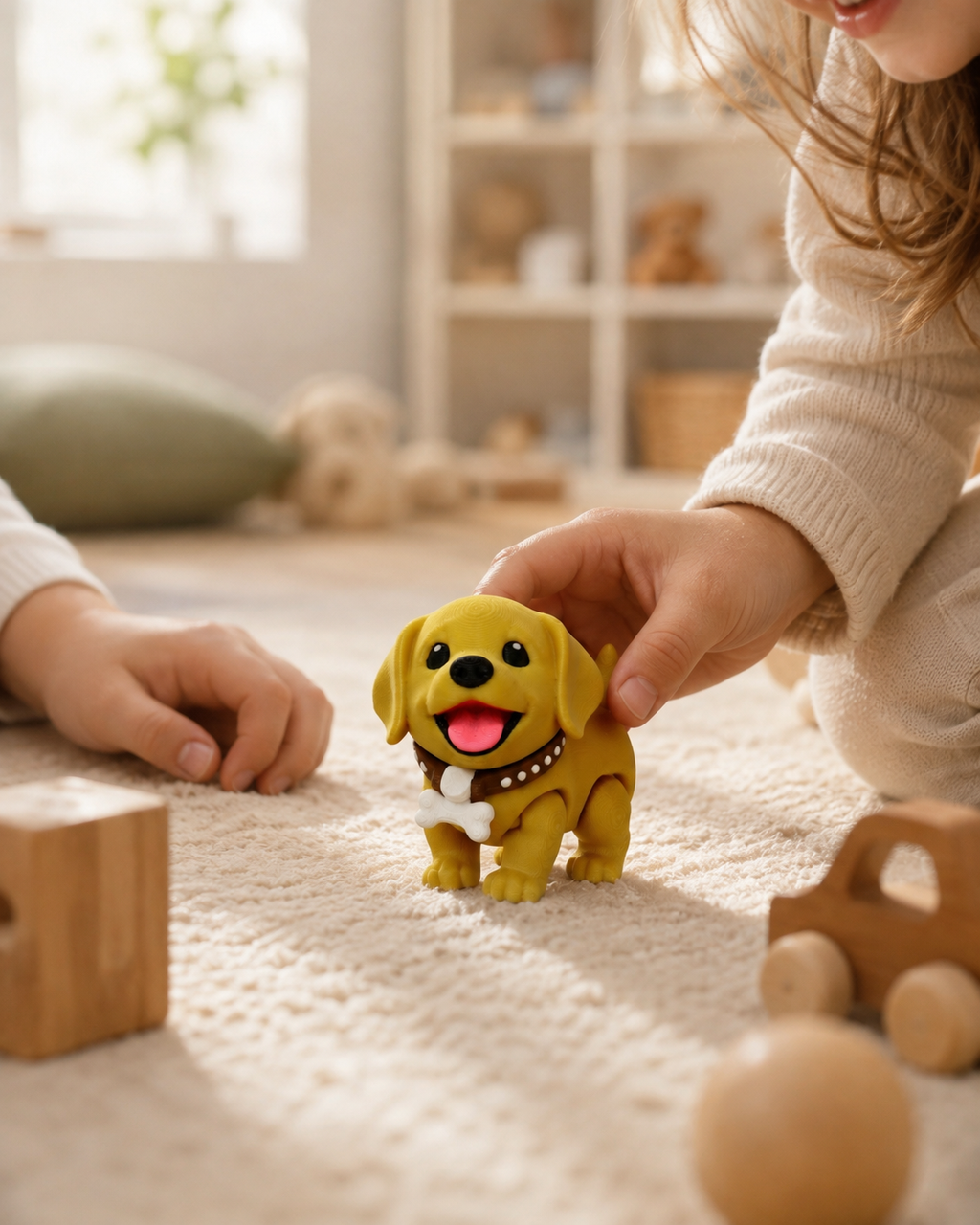 Kind spielt mit einer kleinen Labrador-Figur im Kinderzimmer