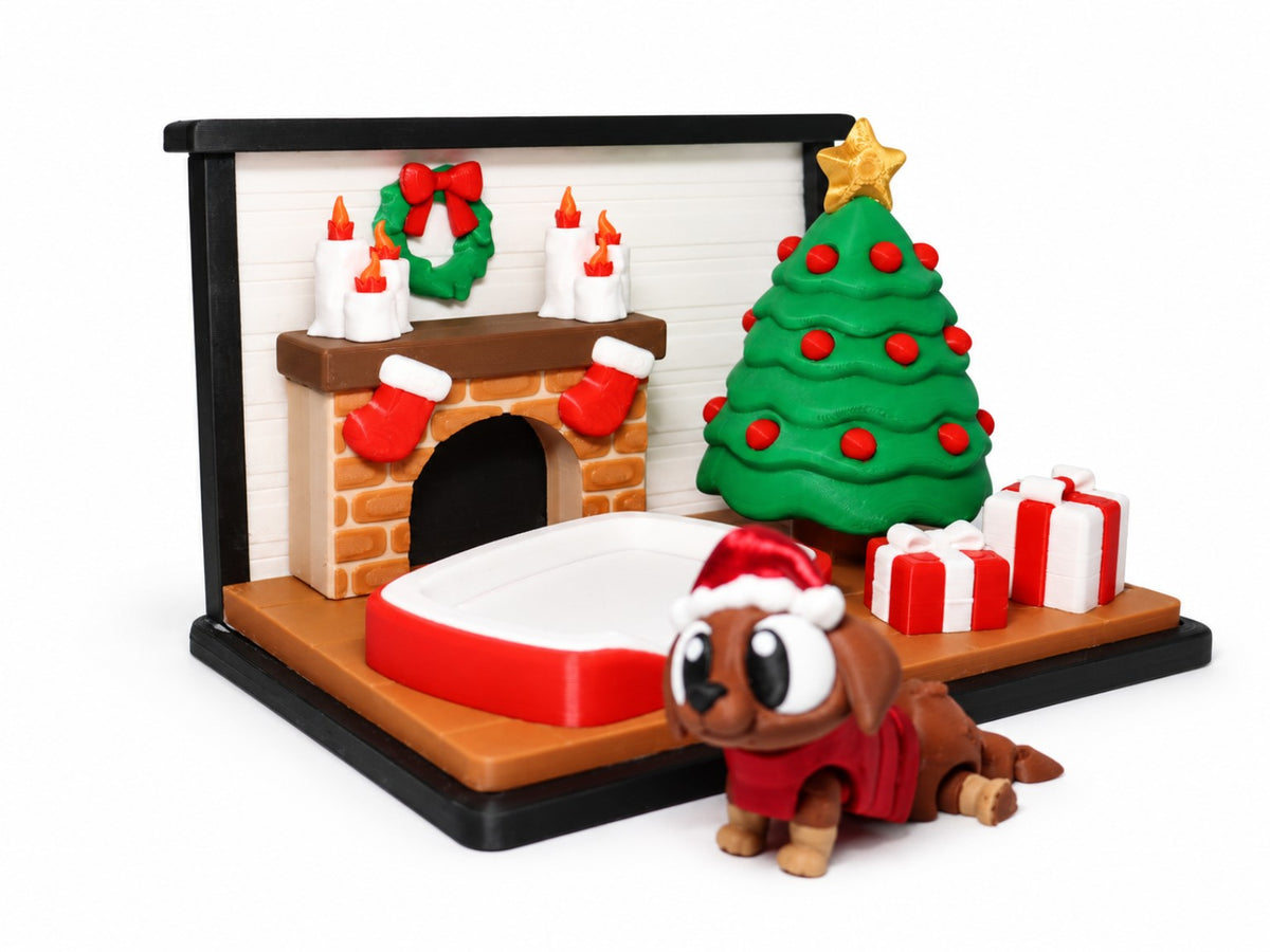 Weihnachts-Spielset mit beweglichem Dackel, Weihnachtsbaum, Kamin, Hundebett und Geschenken von ProtoPlot3D
