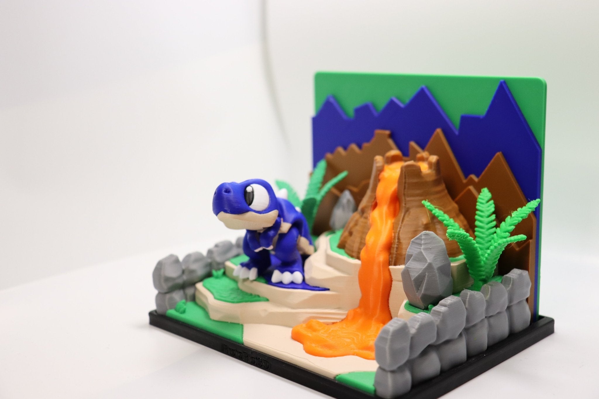 Dinosaurier Spielset mit Vulkan – 3D Druck Dino Spielwelt – Dino Figur wählbar – Swiss Made - Protoplot3D