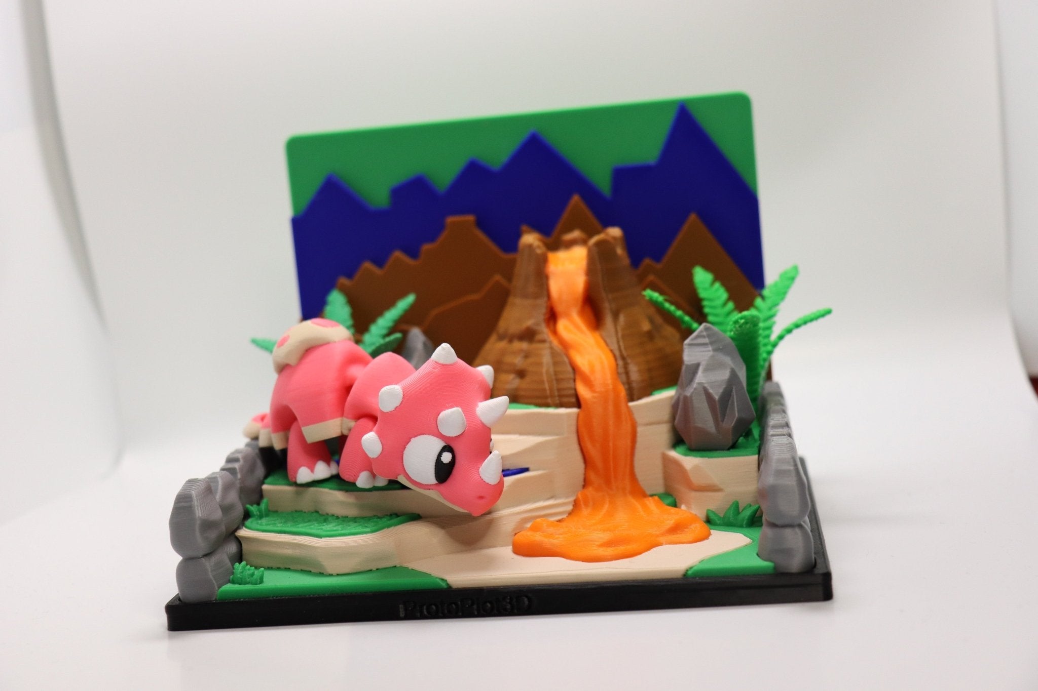 Dinosaurier Spielset mit Vulkan – 3D Druck Dino Spielwelt – Dino Figur wählbar – Swiss Made - Protoplot3D