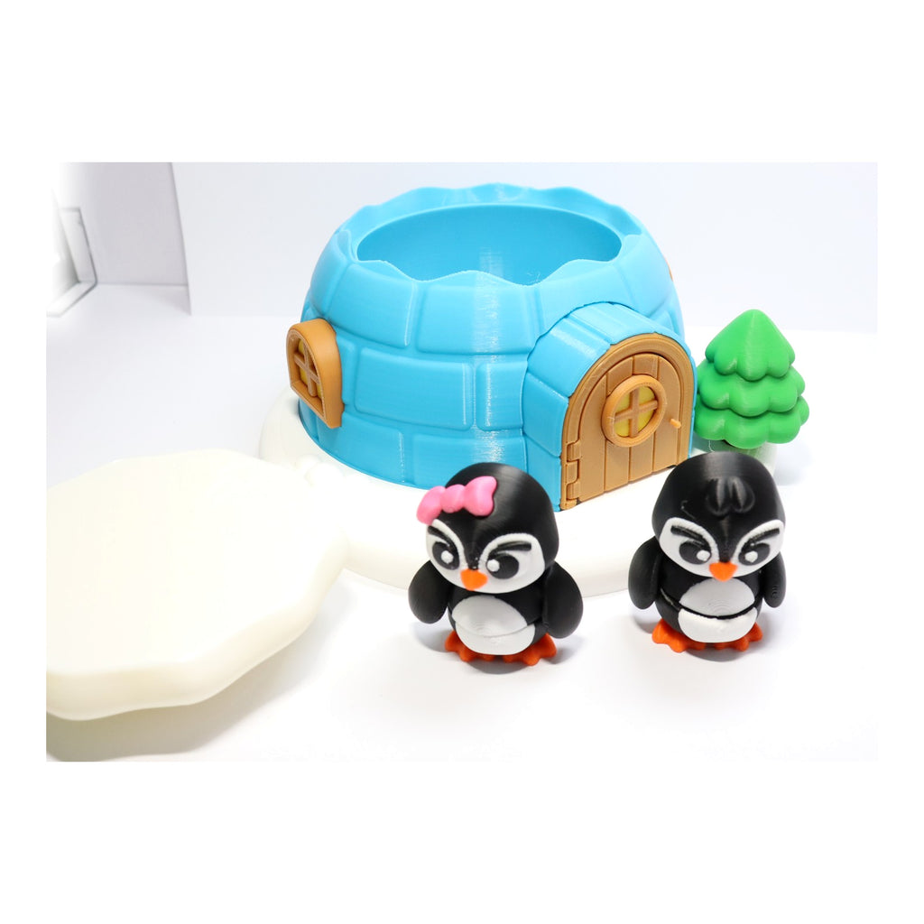 Pinguin Spielzeug Set – geöffnetes Iglu mit zwei Pinguinfiguren und abnehmbarem Dach
