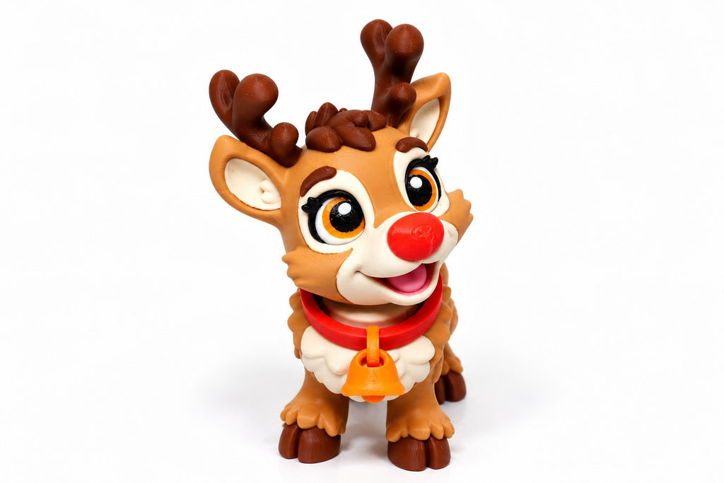 Rentier Glöckchen – bewegliche Weihnachtsrentier-Figur mit roter Nase, Geweih und orangefarbener Glocke in Vorderansicht