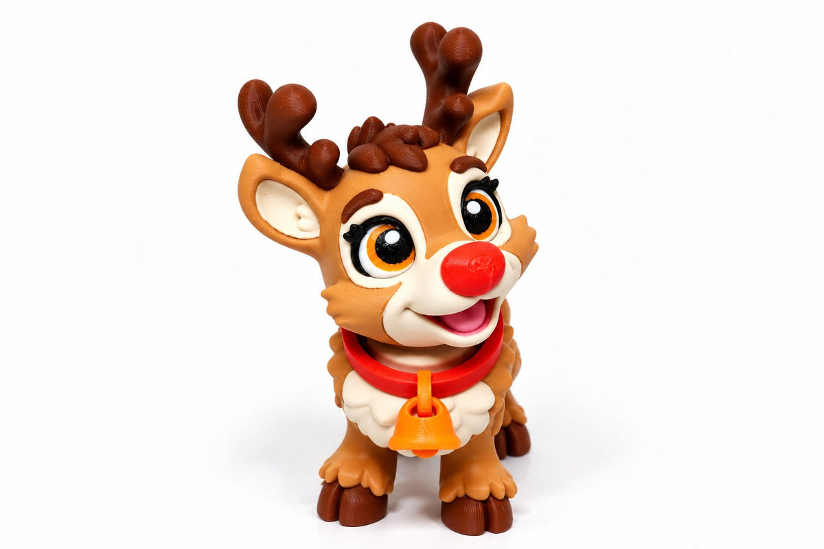 Rentier Glöckchen – bewegliche Weihnachtsrentier-Figur mit roter Nase, Geweih und orangefarbener Glocke in Vorderansicht