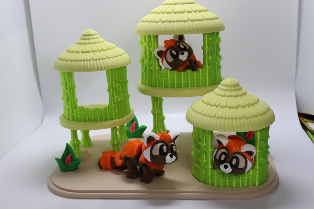 Rote Panda Spielset mit Bambushäusern – 3D Druck Tierfiguren – Spielwelt – Swiss Made