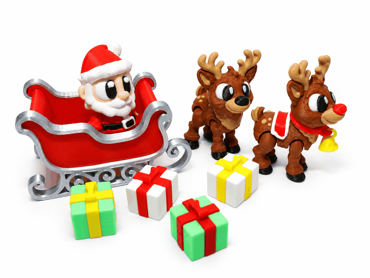 Weihnachtsschlitten Spielset | Weihnachtsmann mit 2 Rentieren - ProtoPlot3D